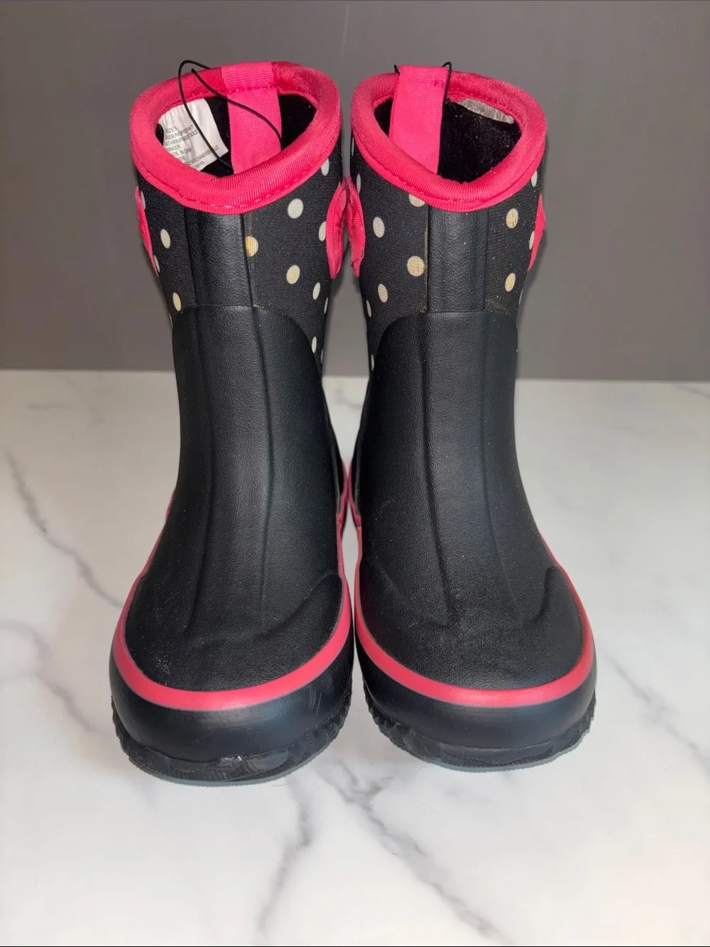 Falls Creek Black Rain Boots with Pink Trim and Cream Polka Dots